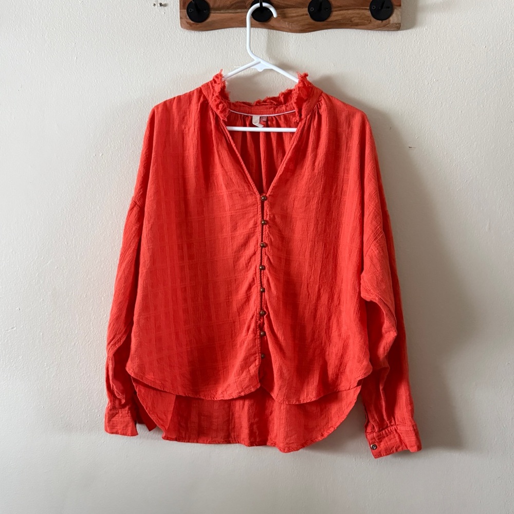 Pilcro Orange Plaid 100% Cotton Button Up Frayed Neck Popover Blouse size L